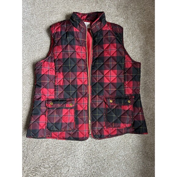 St. John's Bay Woman Plus Size 1X Full Zip Puffer Vest Black Red Tartan - Picture 5 of 7